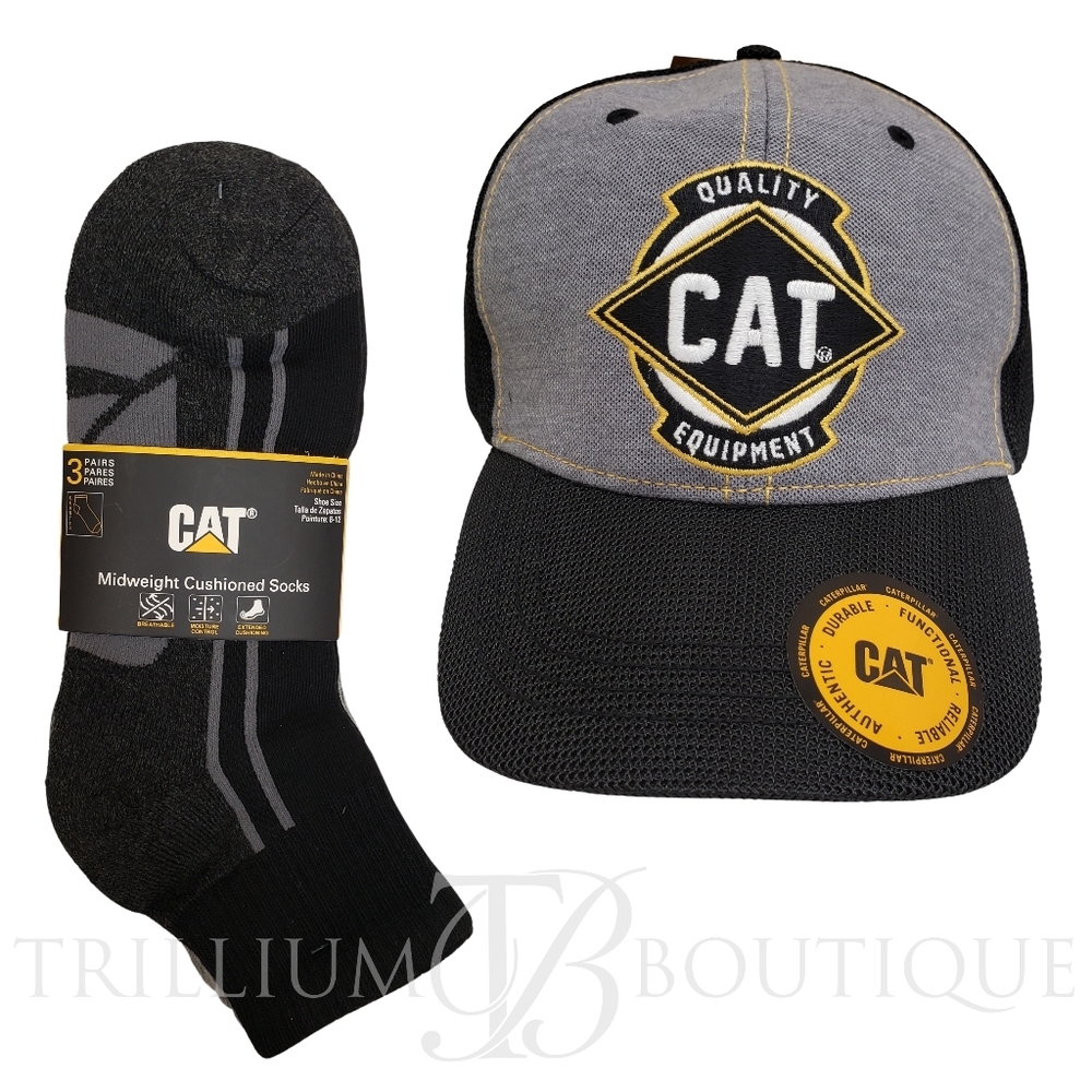 BUNDLE CAT Caterpillar Power Mesh Stretch Cap Hat & Half Cushion Quarter Socks
